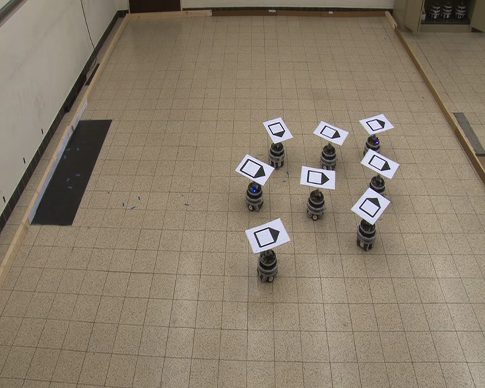 Overhead view of eight real foot-bots flocking with no informed robots and no explicit alignment control.